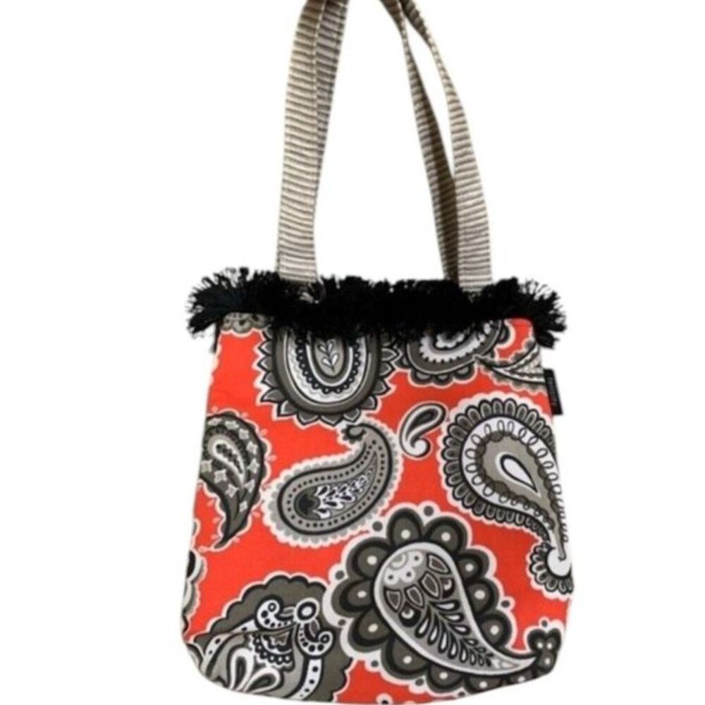 Felicity Vibrant Orange Black Canvas Paisley Print Fringe Trimmed Shoulder Tote